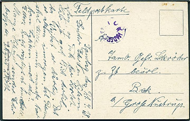 Voyensgaard. Carl C. Biehl no. 3210. Anvendt som feltpostkort d. 21.7.1918 med violet censurstempel: Ü.K. Hadersleben.