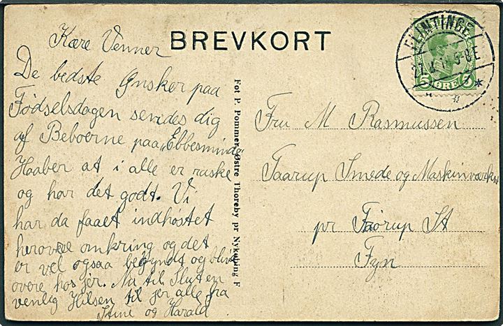 Optagelseshjemmet Fuglsang (Lolland). P. Pommer u/no. Frankeret med 5 øre Chr. X annulleret med brotype IIa Flintinge d. 27.8.1918 til Frørup.