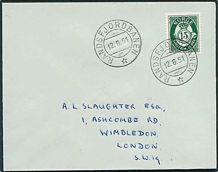 15 øre Posthorn på brev annulleret med bureaustempel Randsfjordbanen * d. 12.6.1951 til London, England.