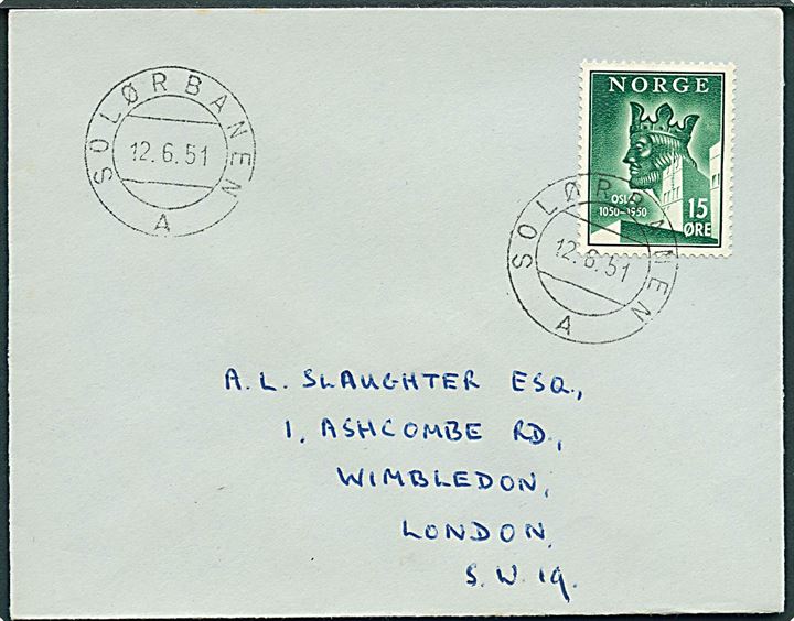 15 øre Byjubilæum på brev annulleret med bureaustempel Solørbanen A d. 12.6.1951 til London.