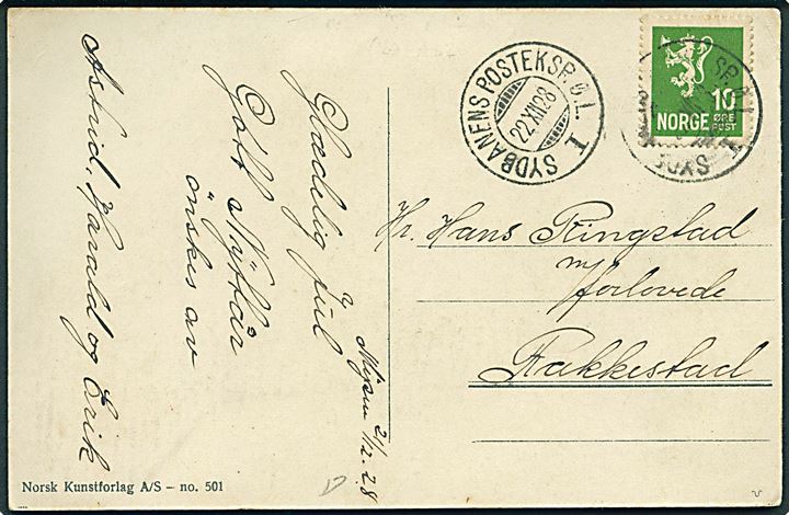 10 øre Løve på brevkort annulleret med bureaustempel Sydbanens Posteksp. Ø.L. I d. 22.12.1928 til Fakkestad.