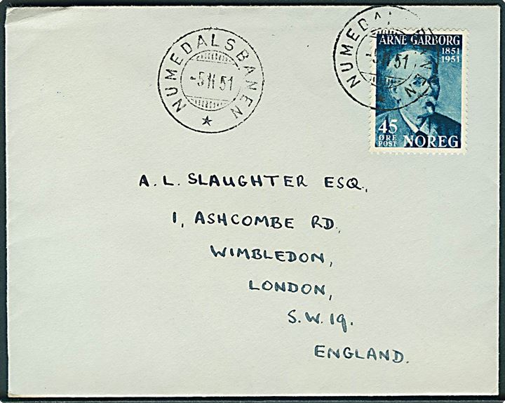 45 øre Garborg på brev annulleret med bureaustempel Numedalsbanen * d. 5.11.1951 til London.