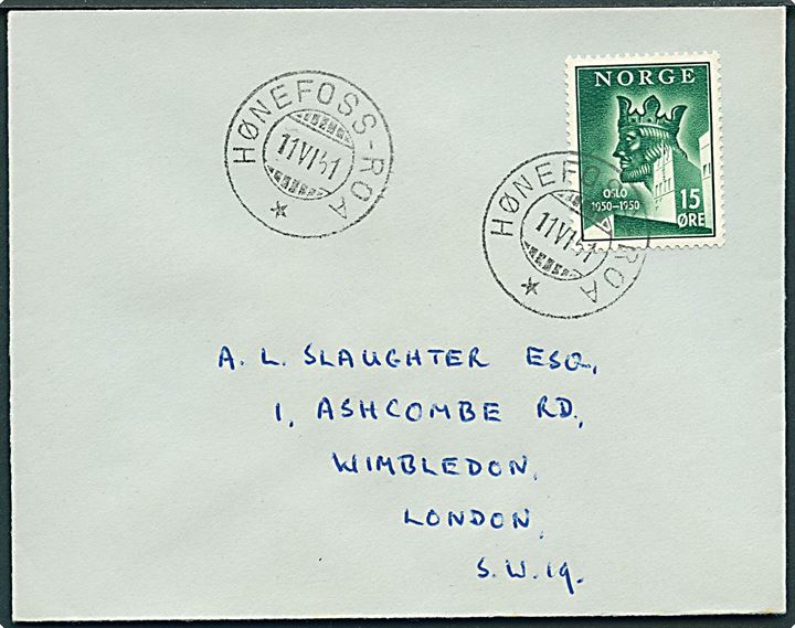 15 øre Byjubilæum på brev annulleret med bureaustempel Hønefoss - Roa * d. 11.6.1951 til London, England.