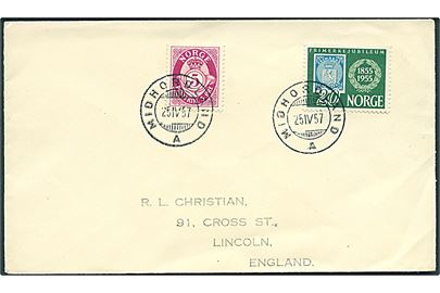 5 øre Posthorn og 20 øre Frimærkejubilæum på brev annulleret med sejlende bureaustempel Midhordland A d. 25.4.1957 til Lincoln, England.
