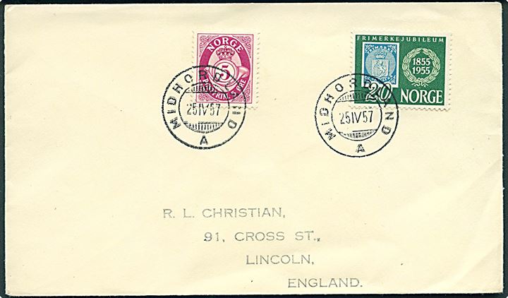 5 øre Posthorn og 20 øre Frimærkejubilæum på brev annulleret med sejlende bureaustempel Midhordland A d. 25.4.1957 til Lincoln, England.
