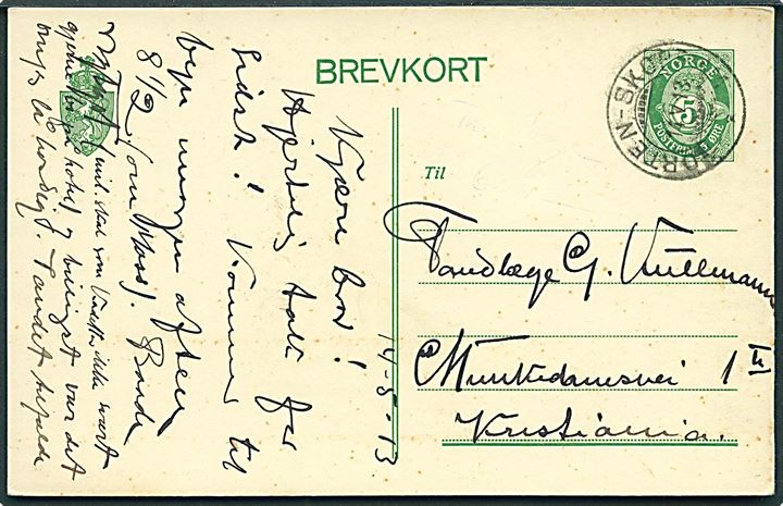 5 øre Posthorn helsagsbrevkort annulleret med bureaustempel Horten - Skoppum * d. 14.5.1913 til Kristiania.
