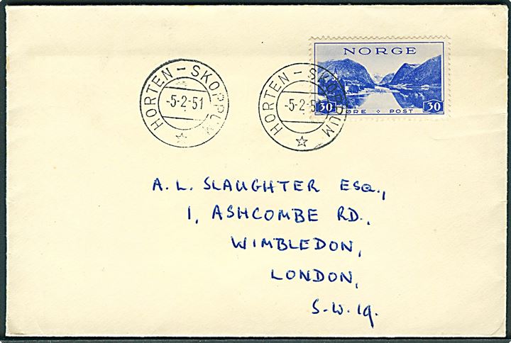 30 øre Turist udg. på brev annulleret med bureaustempel Horten - Skoppum * d. 5.2.1951 til London, England.