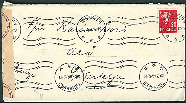 20 øre Løve på brev fra Tønsberg d. 28.7.1944 til Södertelje, Sverige. Åbnet af tysk censur i Oslo.