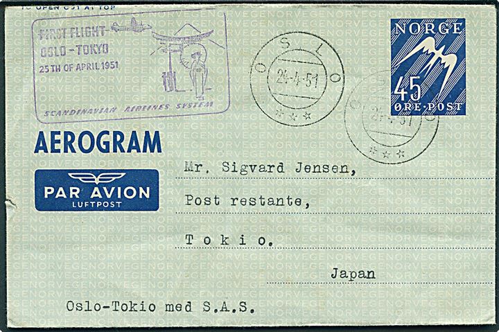 45 øre helsags aerogram fra Oslo d. 24.4.1951 til Tokyo, Japan. SAS første flyvningsstempel.