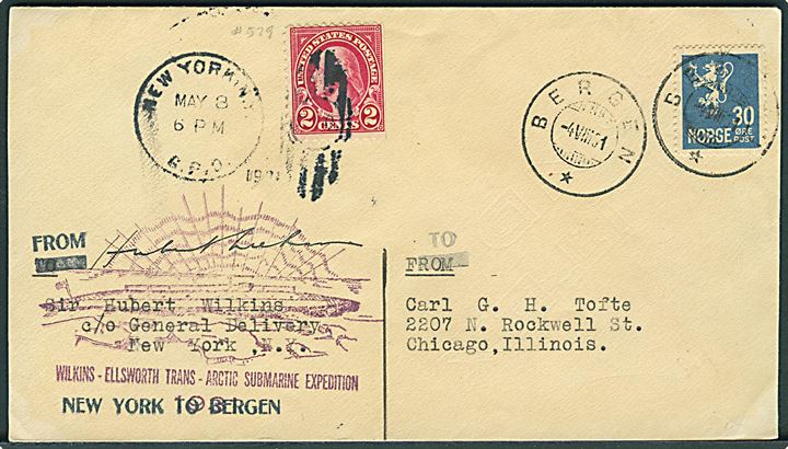 Amerikansk 2 cents Washington stemplet New York d. 8.5.1931 og norsk 30 øre Løve stemplet Bergen d. 4.8.1931 på Wilkins-Ellsworth Trans-Arctic Submarine Expedition brev til Chicago, USA. Signeret af Hubert Wilkins.
