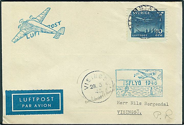 10 öre Luftpost på isluftpostbrev fra Halmstad d. 27.3.1946 til Visingsö. Rammestempel Isflyg 1946.