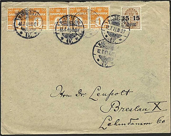 15/24 øre Provisorium og 1 øre Bølgelinie i 5-stribe på brev fra Kjøbenhavn IV d. 12.7.1911 til Breslau, Tyskland.