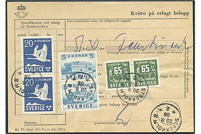 65 öre Helleristning, 5 kr. Stockholm Slot og 20 kr. Svaner i parstykker på postkvittering stemplet Stockholm d. 20.8.1958.