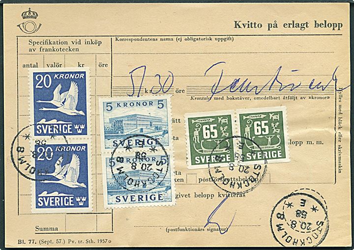 65 öre Helleristning, 5 kr. Stockholm Slot og 20 kr. Svaner i parstykker på postkvittering stemplet Stockholm d. 20.8.1958.
