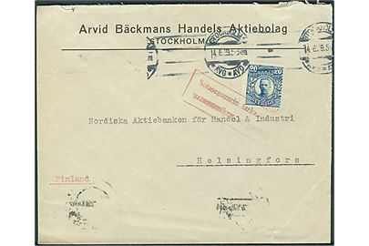 20 öre Gustaf på brev fra Stockholm d. 14.6.1919 til Helsingfors, Finland. 2-sproget finsk censurstempel.