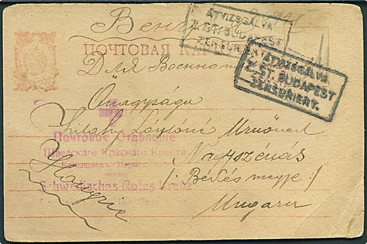 Ufrankeret russisk krigsfangebrevkort dateret d. 10.5.1918 til Ungarn. Rødt 2-sproget stempel fra Svensk Røde Kors og ungarsk censur.