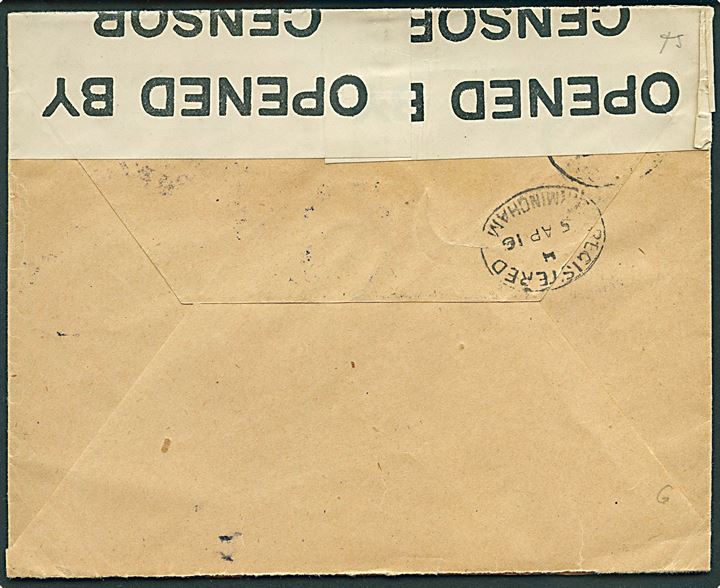 35 öre Gustaf single på anbefalet brev fra Stockholm 1916 til Birmingham, England. Åbnet af britisk censur no. 447. Ank.stemplet Birmingham d. 5.4.1916.