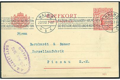 10 öre Gustaf helsagsbrevkort (811) annulleret med TMS Baltiska Utställningen.../Malmö *1L d. 20.11.1912 til Piesau, Tyskland.