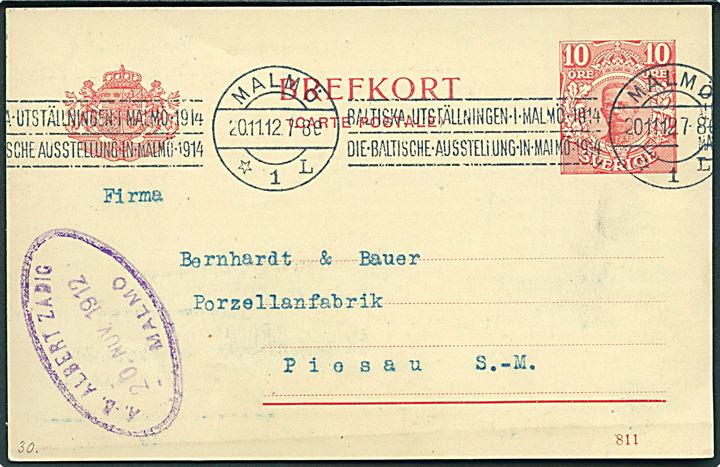 10 öre Gustaf helsagsbrevkort (811) annulleret med TMS Baltiska Utställningen.../Malmö *1L d. 20.11.1912 til Piesau, Tyskland.