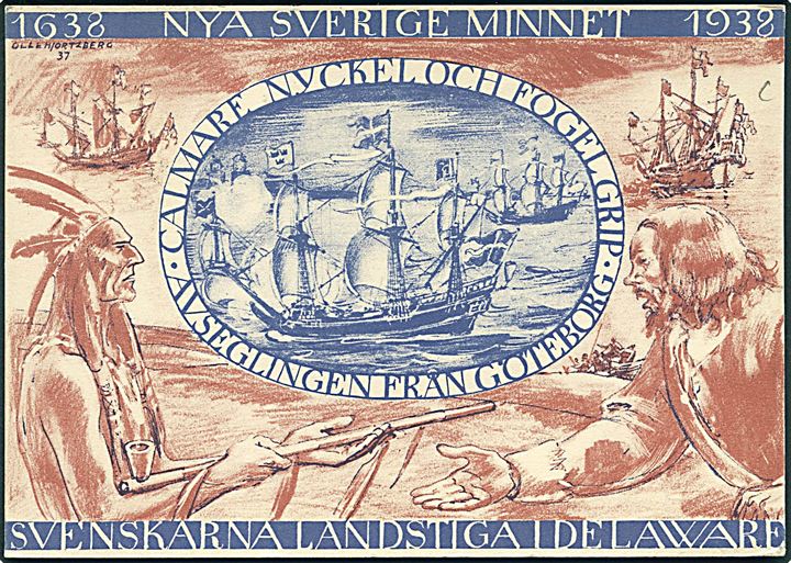 20 öre illustreret helsagsbrevkort Nya Sverige Minnet opfrankeret med 10 öre Løve fra Stockholm ca. 1938 til Basel, Schweiz.