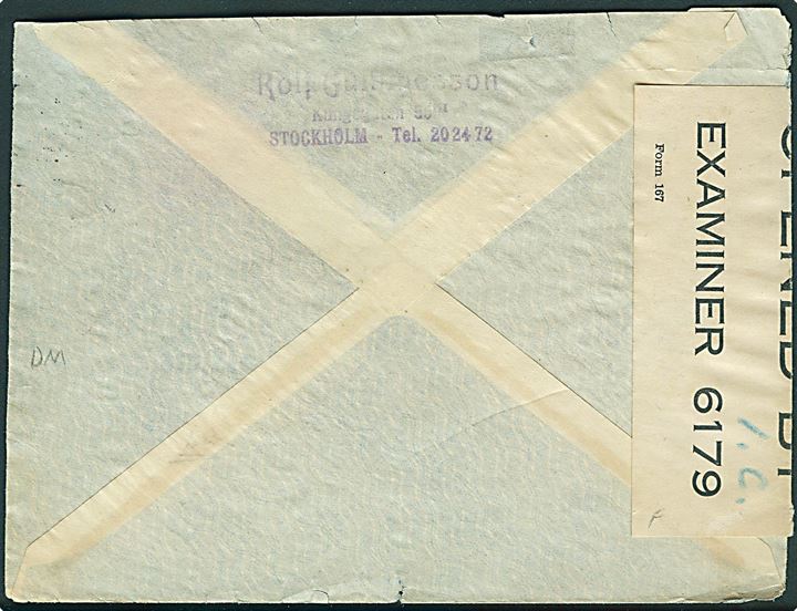 5 öre Hazelius, 10 öre (3) og 50 öre Luftpost på 85 öre frankeret luftpostbrev fra Stockholm d. 13.4.1942 til Denver, USA. Åbnet af britisk censur på Bermuda PC90/6179 med håndskrevet I.C.