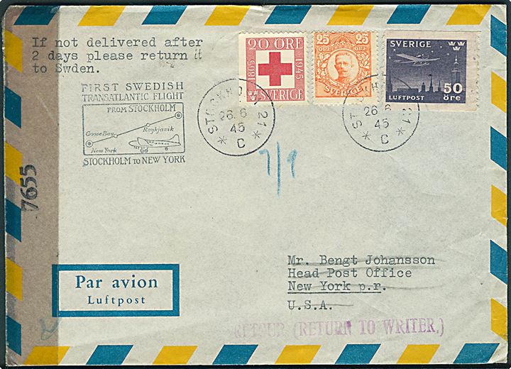 25 öre Gustaf, 20 öre Røde Kors og 50 öre Luftpost på 1.-flyvningsbrev fra Stockholm d. 26.6.1945 til New York, USA. Åbnet af amerikansk censur.
