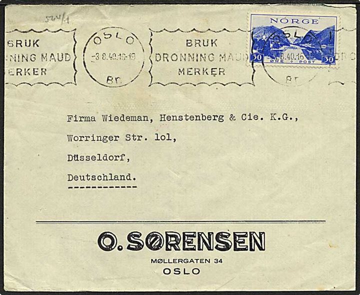 30 øre turist-udg. single på firmakuvert fra Oslo d. 3.8.1940 til Düsseldorf, Tyskland. Åbnet af tysk censur i Berlin.