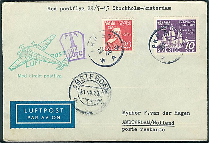 10 öre og 20 öre Svenska Flottan på underfrankeret luftpostbrev annulleret med bureaustempel PKP 55 (=Nässjö-Halmstad) d. 22.7.1945 til Amsterdam, Holland. Violet portostempel T 28 4/7 c.