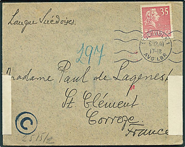35 öre Bellman single på brev fra Stockholm d. 6.12.1940 til St. Clement, Frankrig. Åbnet af tysk censur i Berlin.