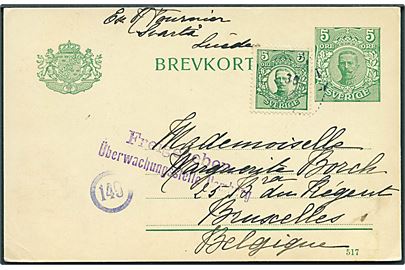 5 öre Gustaf helsagsbrevkort (517) opfrankeret med 5 öre Gustaf fra Svartå d. 29.12.1917 annulleret med svagt stempel til Bruxelles, Belgien. Tysk censur fra Hamburg.
