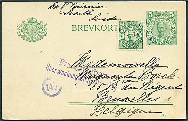 5 öre Gustaf helsagsbrevkort (517) opfrankeret med 5 öre Gustaf fra Svartå d. 29.12.1917 annulleret med svagt stempel til Bruxelles, Belgien. Tysk censur fra Hamburg.