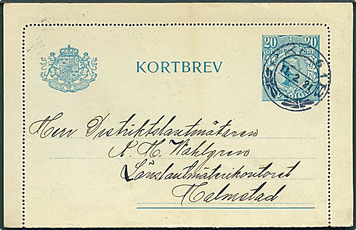 20 öre Gustaf helsags korrespondancekort fra Kungsbacka annulleret med bureaustempel PKP 61B (= Göteborg-Ängelholm-Malmö) d. 11.2.1921 til Halmstad.