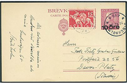10/15 öre provisorisk helsagsbrevkort opfrankeret med 15 öre Gustaf Adolf II fra Stockholm d. 16.12.1934 til Davos-Platz, Schweiz.