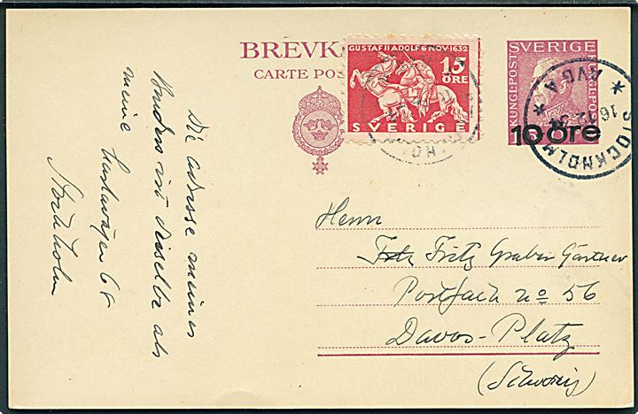 10/15 öre provisorisk helsagsbrevkort opfrankeret med 15 öre Gustaf Adolf II fra Stockholm d. 16.12.1934 til Davos-Platz, Schweiz.