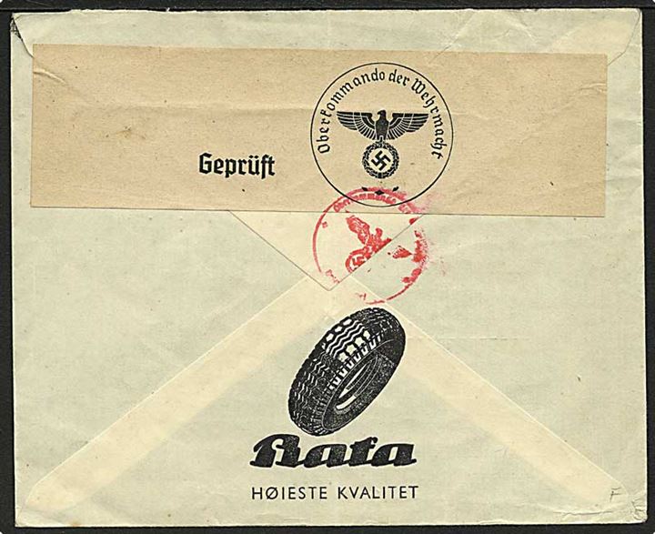 30 øre turist-udg. single på firmakuvert fra Oslo d. 3.8.1940 til Düsseldorf, Tyskland. Åbnet af tysk censur i Berlin.