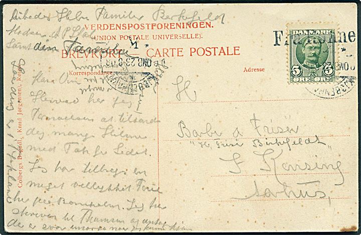 5 øre Fr. VIII på brevkort annulleret med skibsstempel Fra Rønne og sidestemplet Kjøbenhavn d. 23.8.1908 til Aarhus.