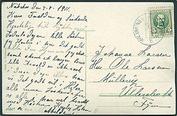 5 øre Fr. VIII på brevkort fra Nakskov annulleret med lapidar bureaustempel Nykjøbing p.F. - Nakskov d. 7.8.1911 til Ullerslev.