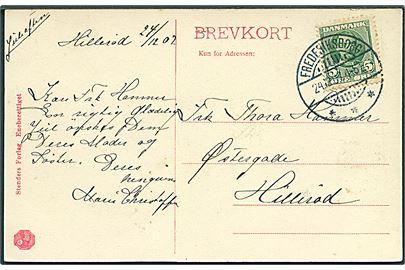 5 øre Fr. VIII på julekort lokalt dateret Hillerød annulleret med brotype Ia Frederiksborg d. 24.12.1907 til Hillerød. Frederiksborg postkontor fik navneændring til Hillerød pr. 1.4.1908. Påskrevet Juleaften. 