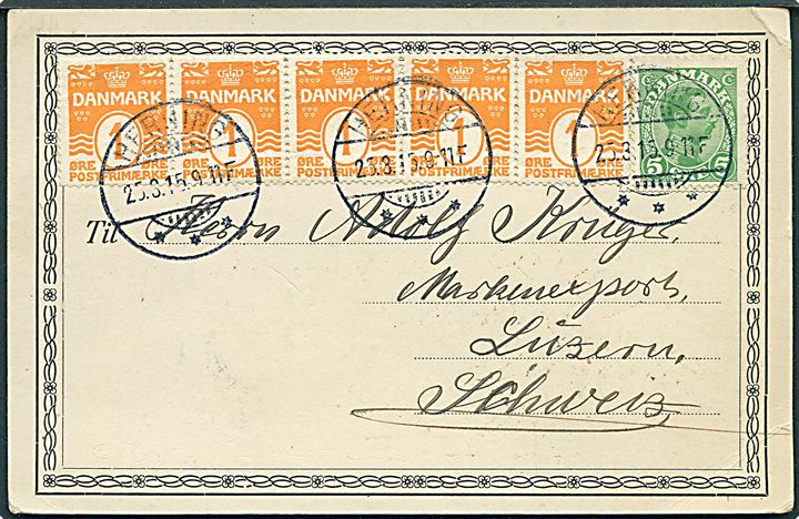 1 øre Bølgelinie i 5-stribe og 5 øre Chr. X på brevkort fra Herning d. 25.3.1915 til Luzern, Schweiz.