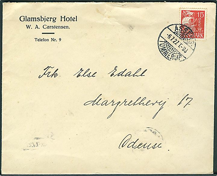 15 øre Karavel på brev fra Glamsbjerg Hotel annulleret med brotype Ie Assens - Tommerup T.93 d. 6.7.1927 til Odense.