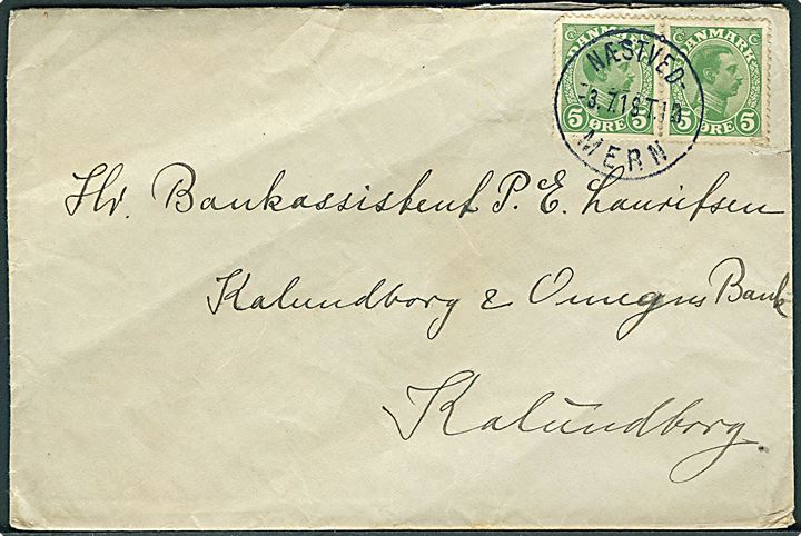 5 øre Chr. X i parstykke på brev annulleret med brotype IIIe bureaustempel Næstved - Mern T.12 d. 3.7.1919 til Kalundborg.