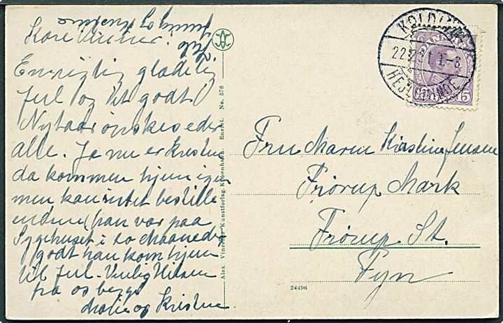 15 øre Chr. X på brevkort annulleret med bureaustempel Kolding - Hejlsminde T.8 d. 22.2.1921 til Frørup.