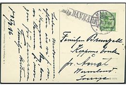5 øre Chr. X på brevkort fra København annulleret med svensk stempel i Malmö d. 26.6.1916 og sidestemplet Från Danmark til Åmol, Sverige.