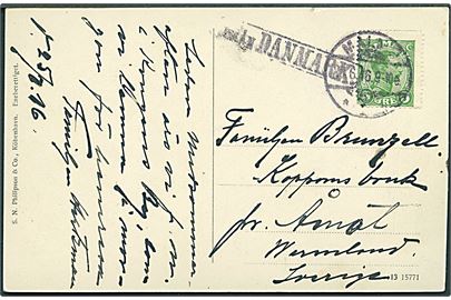 5 øre Chr. X på brevkort fra København annulleret med svensk stempel i Malmö d. 26.6.1916 og sidestemplet Från Danmark til Åmol, Sverige.