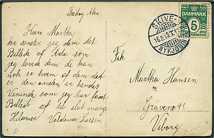 5 øre Bølgelinie (skadet) på brevkort annulleret med bureaustempel Skive - Nykjøbing T.1170 d. 16.2.1913 til Viborg. Nålehuller.