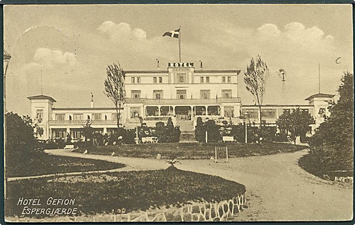 5 øre Bølgelinie på brevkort (Hotel Gefion, Espergjærde) annulleret med brotype IIIb Helsingør d. 12.7.1914 til Marstal.