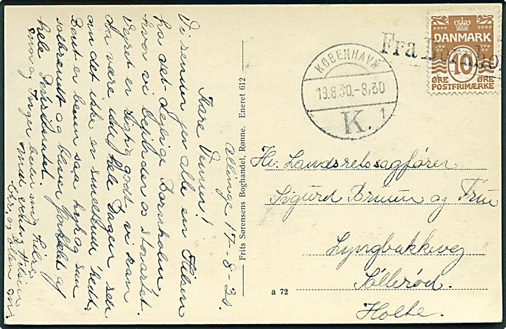 10 øre Bølgelinie på brevkort fra Allinge annulleret med skibsstempel Fra Bornholm og sidestemplet København d. 18.8.1930 til Holte.