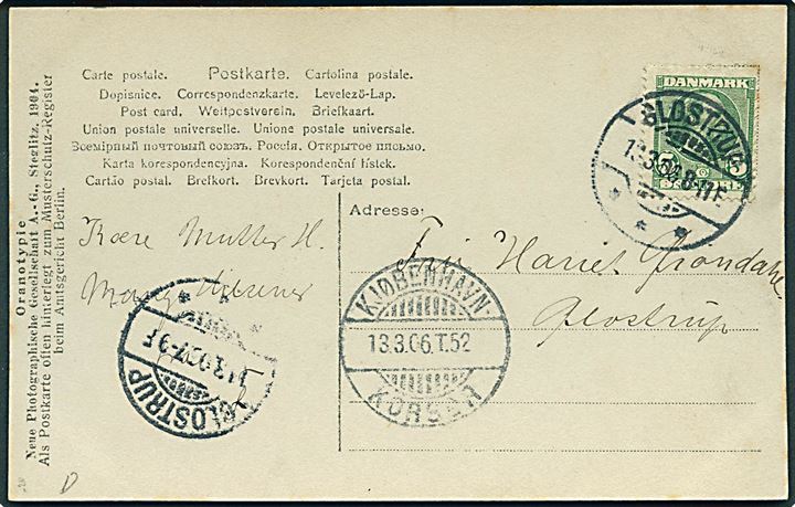 5 øre Chr. IX på lokalt brevkort i Glostrup d. 13.3.1906 fejlsendt og transitstemplet med bureaustempel Kjøbenhavn - Korsør T.52 d. 13.3.1906.