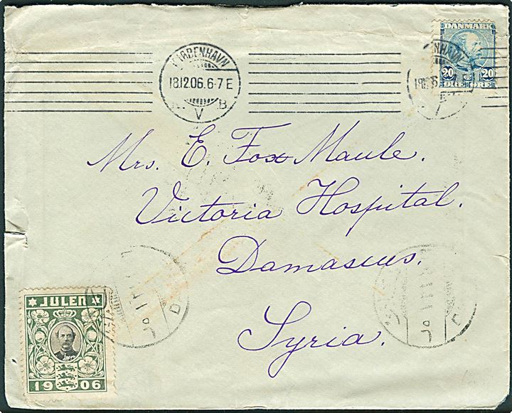 20 øre Chr. IX og Julemærke 1906 på brev fra Kjøbenhavn d. 18.12.1906 til Damaskus, Syrien. Rifter i venstre side.