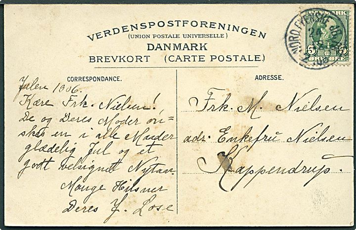 5 øre Chr. IX på brevkort (Otterup Kirke) annulleret med lapidar bureaustempel Nord Fynske JB. PB. d. 24.12.1906 til Kappendrup.